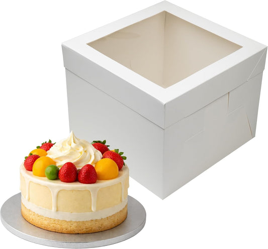 12 inches White Cake Box with Cake Board, 1/2 inch Thick Silver Cake Drum Set, Square Bakery Box with Window Lid and Cake Board Combo, Disposable Container for Bakery (12x12x8“)
