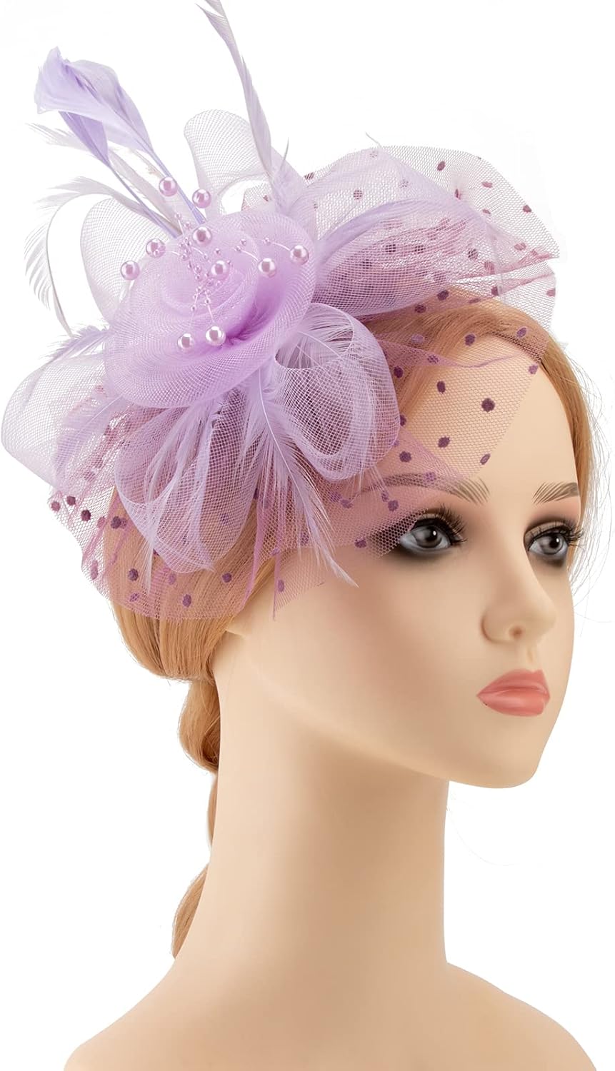 DRESHOW Fascinators Hat Flower Mesh Ribbons Feathers on a Headband and a Clip Tea Party Headwear for Girls and Women - Colors A