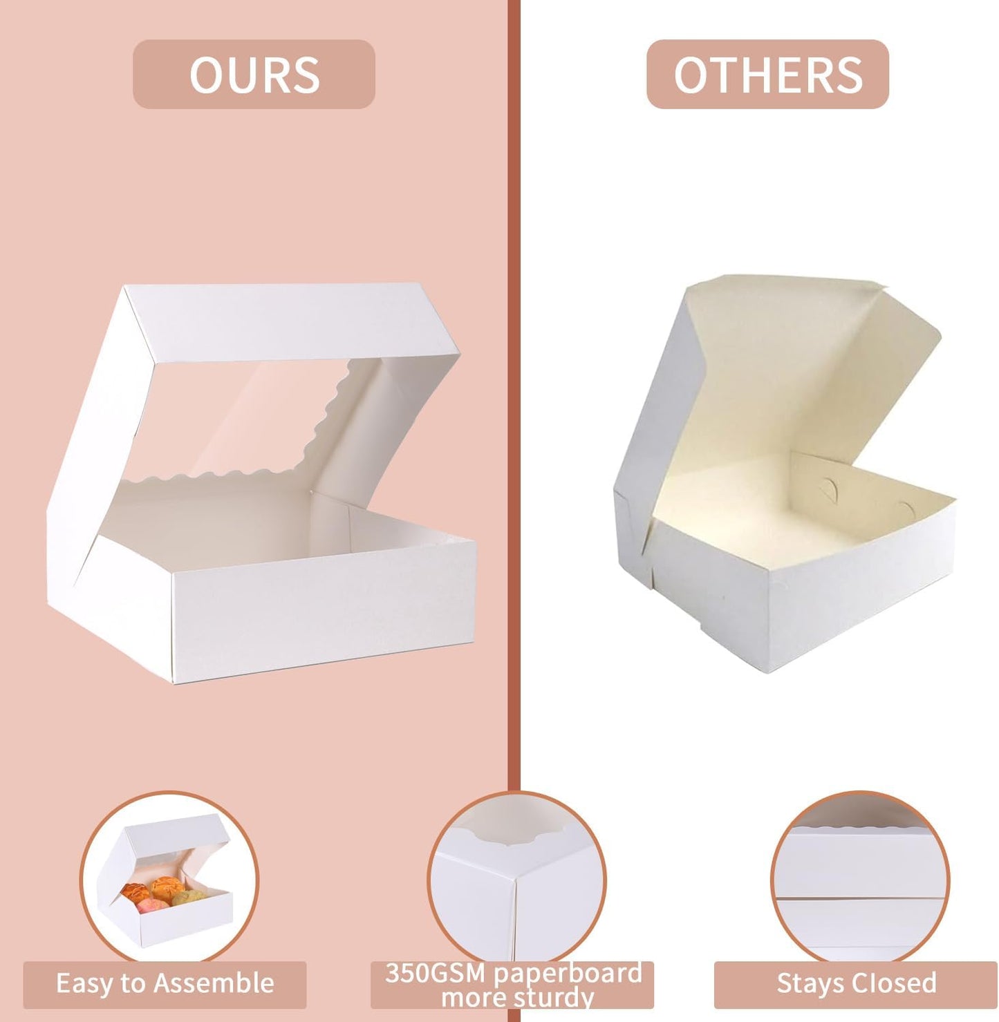 24 pcs12x12x3 Inch Bakery Boxes with Window, White 12 inch Cake Pastry large Pie Cookie Box for Dessert,strawberry,Chocolates Boxes