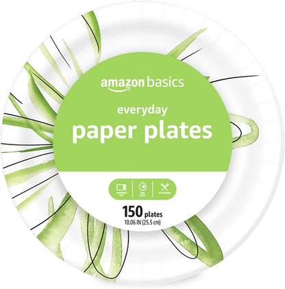 Amazon Basics Everyday Disposable Paper Plates, 10 Inch, Microwave-Safe, Cut Resistant, Soak-Proof, 150 Count