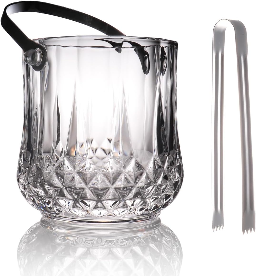 Small Round Glass Ice Bucket Kits, Heavy Thick Wine Cooler with Steel Tong and Clamp, 5.3" H*5" W, 34 oz (1000 ml)