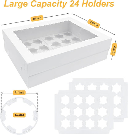 2 Pack White Cupcake Boxes Holder for 24 Standard or Mini Cupcakes, Food Grade Dessert Muffins Box Containers with Window and Inserts for Birthday Holiday Party Bakery Supplies