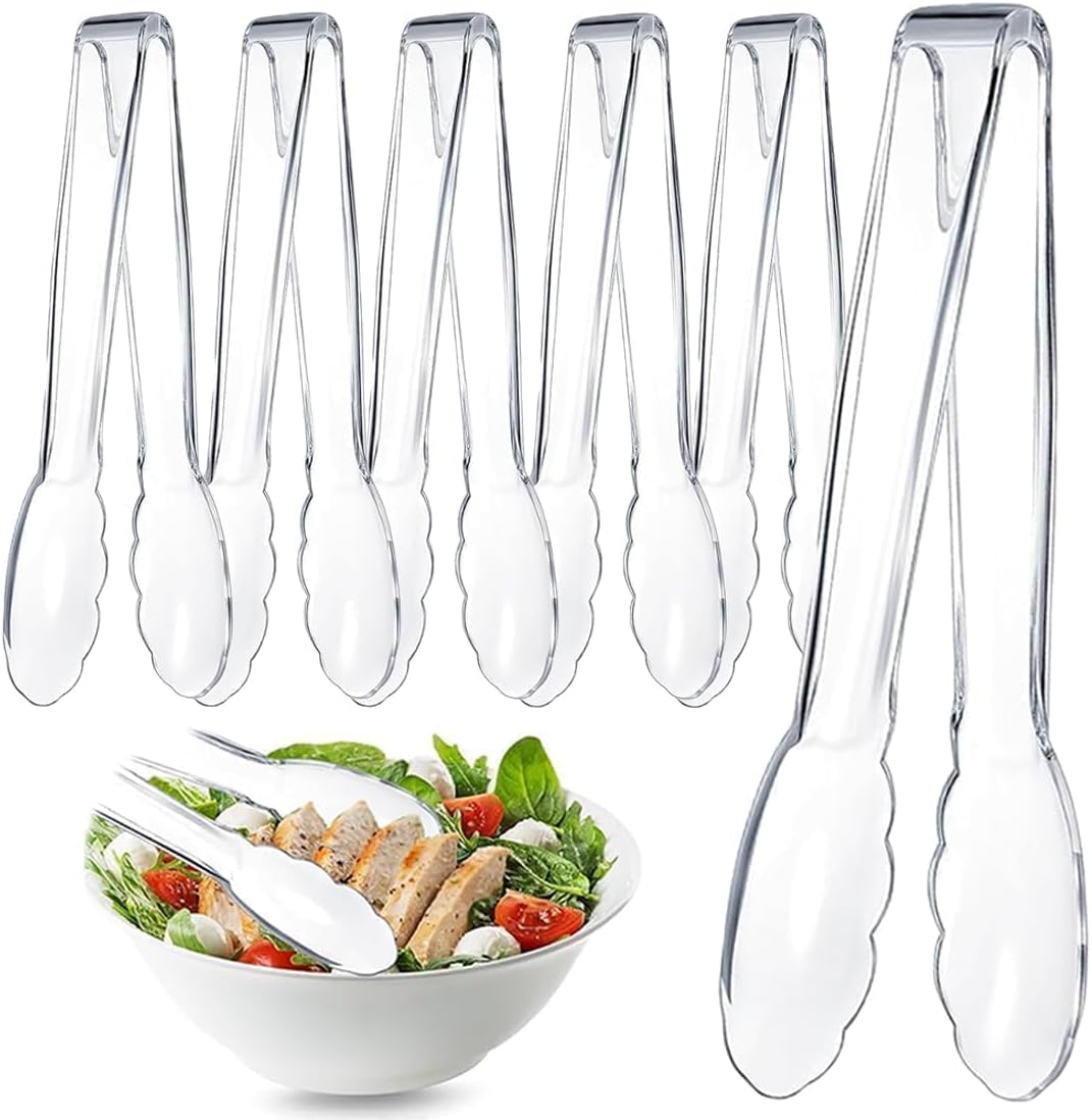 6 Pcs Clear Kitchen Tongs, Plastic Disposable for Serving Food, Ice, Salad, Barbecue, Cookies, BPA-Free(8.85 Inch) (6 X 8.85")