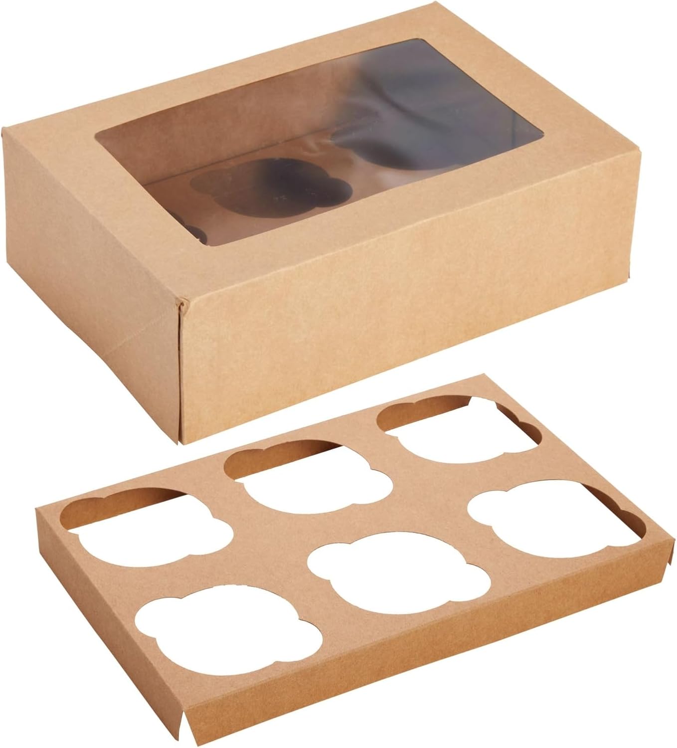 Juvale Cupcake Boxes - 6 x 6 in, 24 Count, Brown - 4-Cup Insert & Clear Window Cupcake Containers & Muffin Boxes