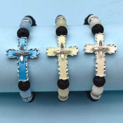 8mm Natural Volcanic Stone Bracelets for Men,Luminous Cross Bracelets,Healing Crystal Elastic Stretch Beads Bracelet,Religion Holy Communion Bracelet for Women