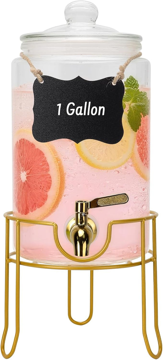 Glass Drink Dispensers For Parties, 1.5 Gallon Beverage Dispenser With Glass Airtight Lids, Gold Metal Stand And Stainless Steel Spigot. Lemonade & Juice Dispenser With Chalk board-One Pack