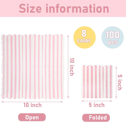 Tenceur 100 Pack Scalloped Pastel Napkins Mixed Stripe Ice Cream 5 x 5 Inch Disposable Paper Cocktail Beverage Napkins for Pastel Summer Party Shower Birthday Dinner Decor Supplies Favor(Four Colors)