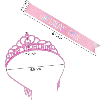Chanaco Happy Birthday Crown and Sash Kit for Women and Girls - Rhinestone Tiara and Sashes with 'BIRTHDAY GIRL' Sash for Party Favors