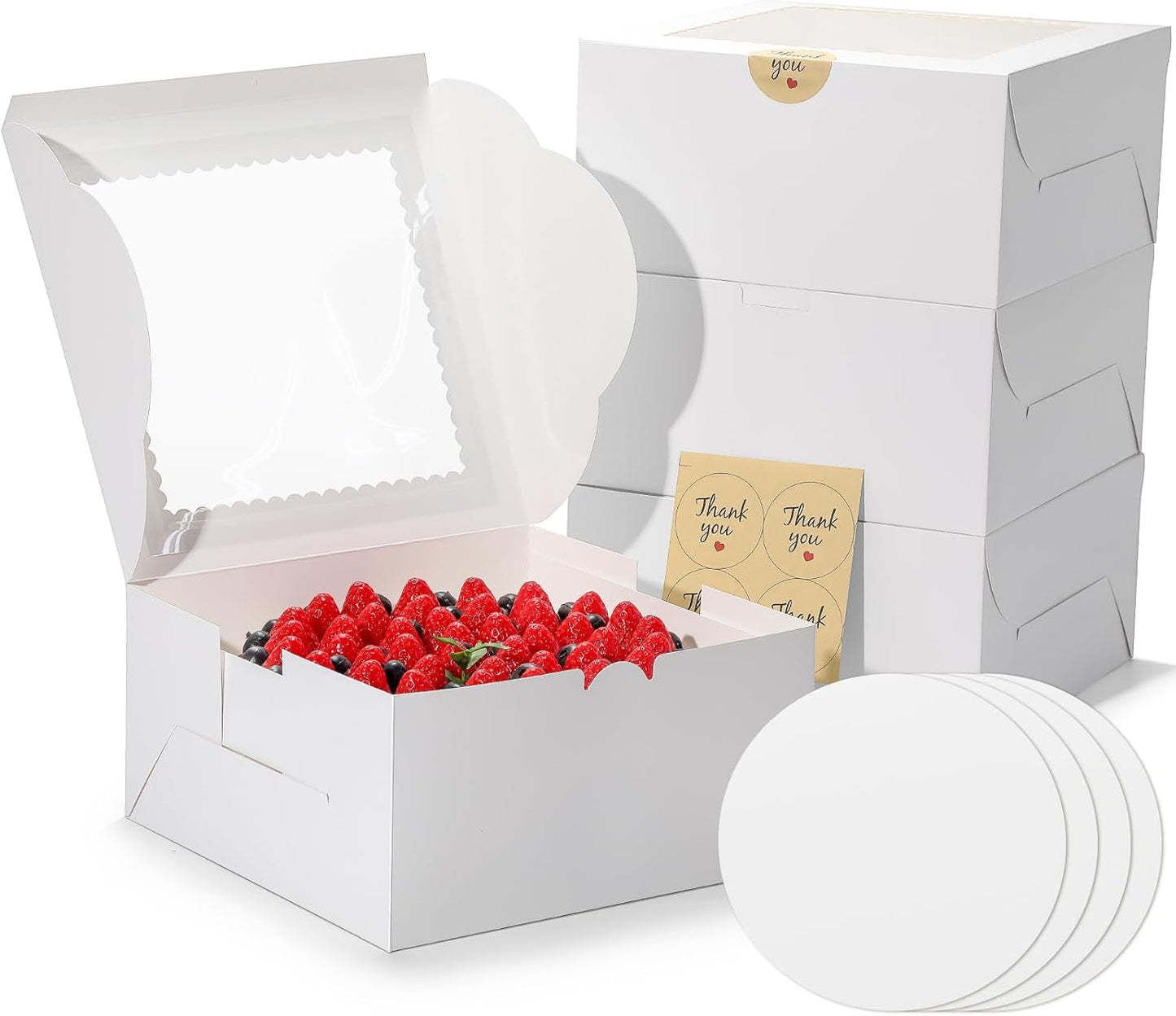 4pcs 6 Inch Cake Boxes with Sticks and Boards for Cookies, Small Cakes, Mini Desserts, Bento, and Bakery, Cupcake Box for Birthday, Party, Wedding, Mother's Day, Christmas（6x6x5 inch）