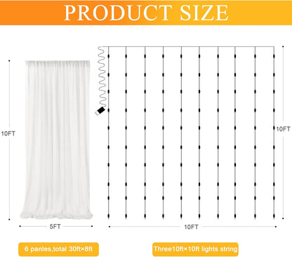 Fomcet Tulle Backdrop Curtains with Lights String White 10FT X 8FT Sheer Curtain with Lights Tulle Curtains Backdrop for Wedding Birthday Party Baby Shower Photo Shoot (2 Panels 5x8FT)