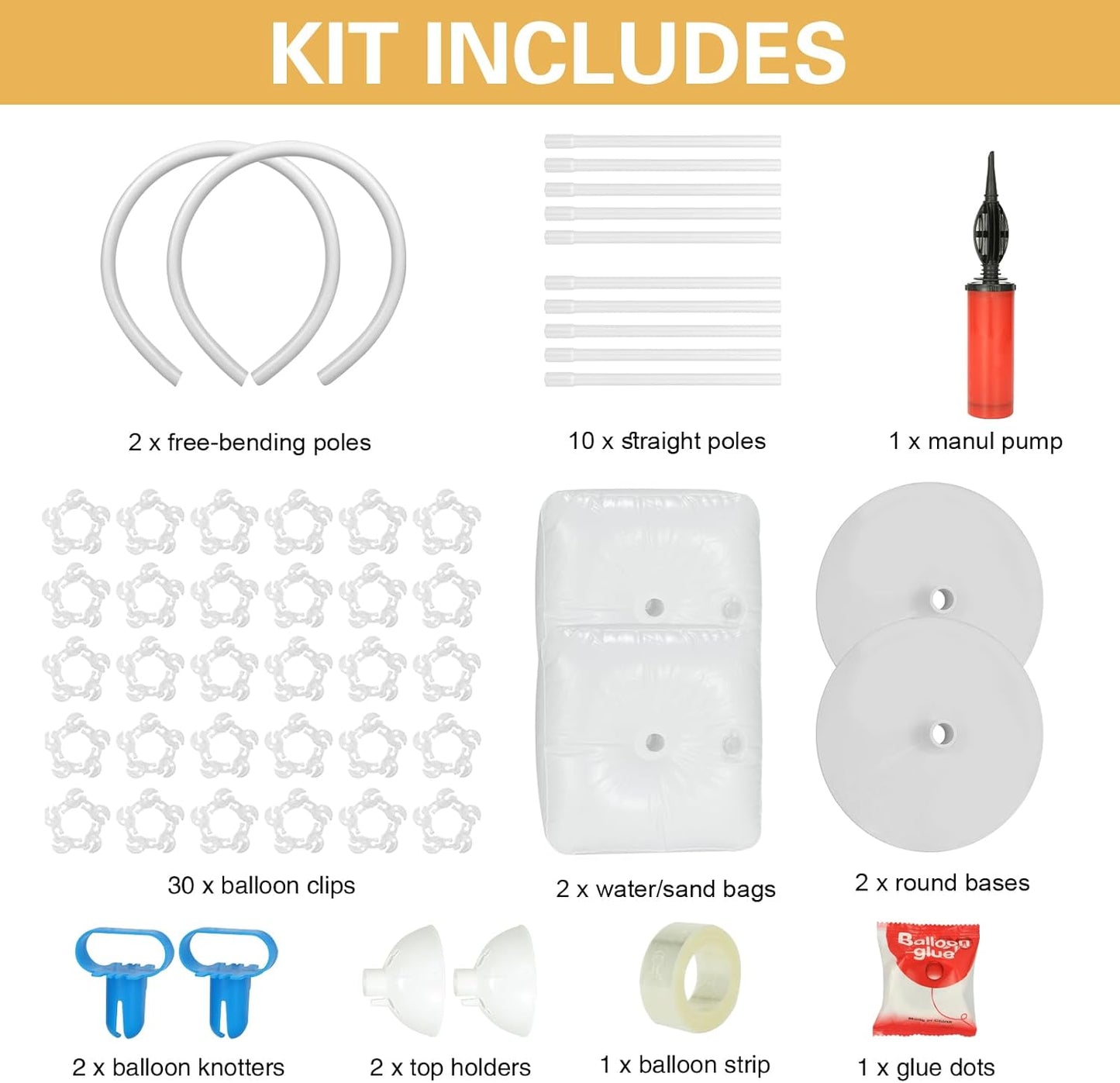Balloon Arch Kit, Bendable 8FT and 6FT Balloon Arch Stand with Base and Manual Pump, Ballon Arch Stand Kit for Birthday Wedding Baby Shower Holiday Graduation Party Decoration(WHITE)