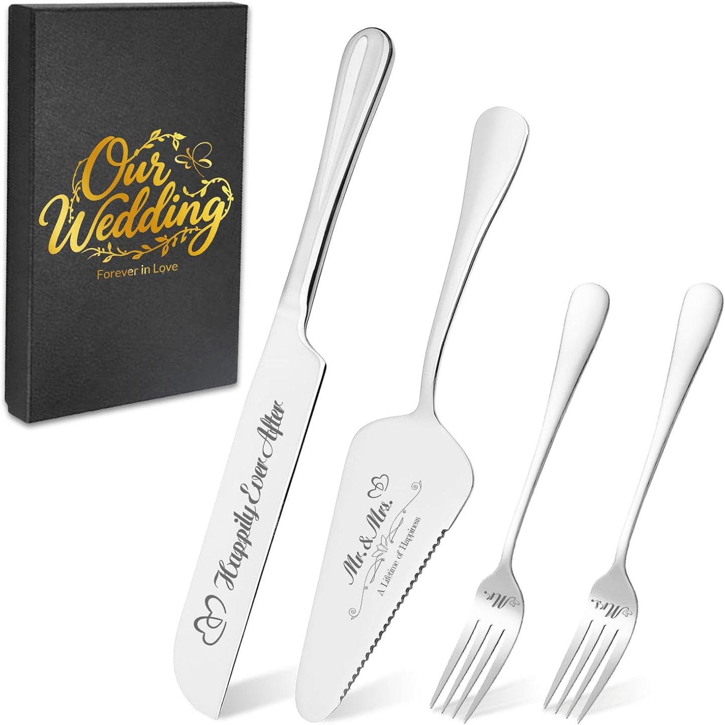 Personalized Wedding Cake Knife and Server Set, Wedding Gold Cake Cutting Set with Stainless Steel Forks, Customized Bridal Anniversary Birthday Wedding Registry Gifts for Couple (Non-customized)