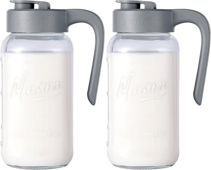 Mason Jar Pitcher - Airtight & Leakproof Glass Pitcher with Lid, Perfect for Breastmilk, Cold Brew, and Sun Tea, 2 Quart (64 oz) 1/2 Gallon Mason Jar with Pour Spout Lid