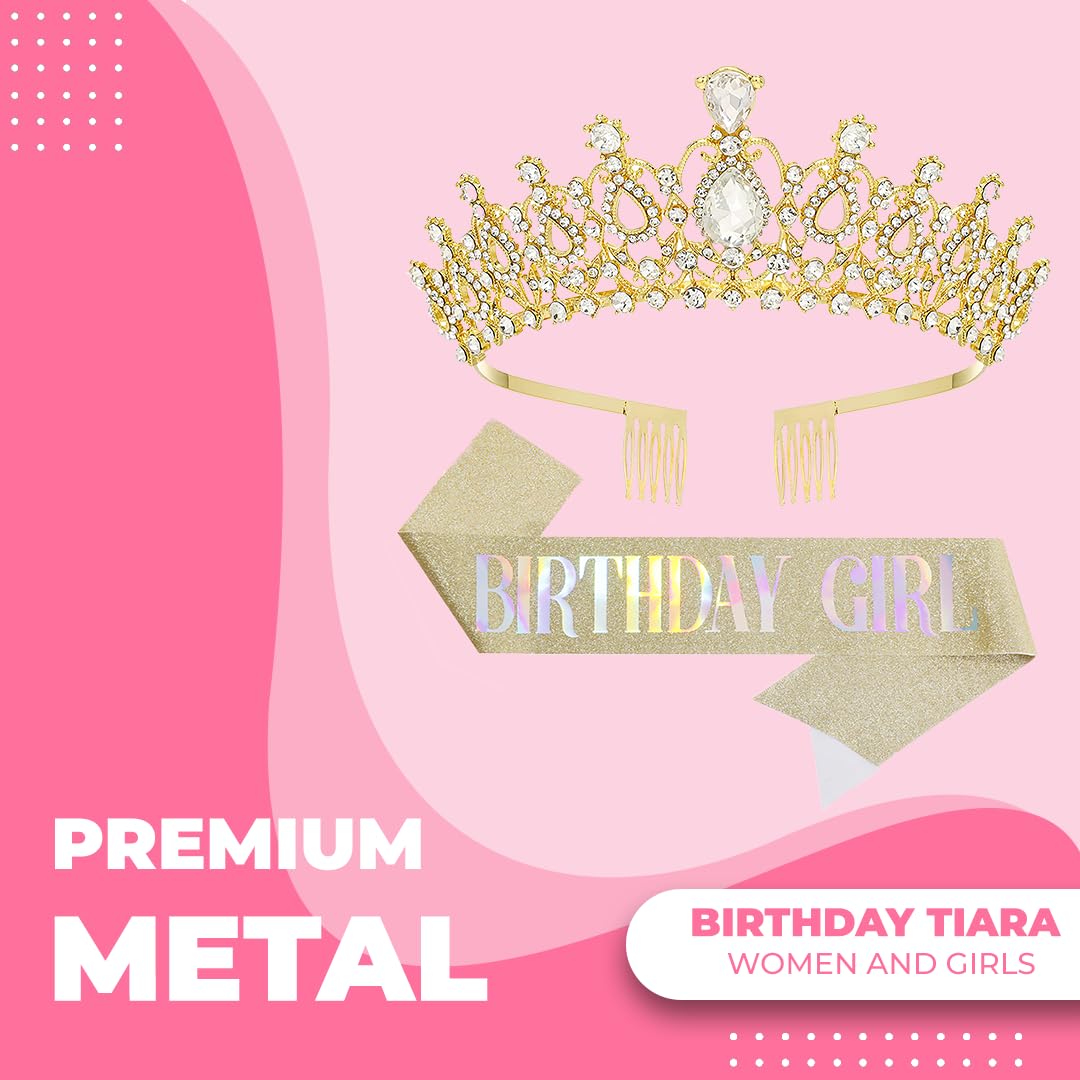 Birthday Tiara Crown with Sash for Women, Headband Hair Accessories for Wedding Party Costume