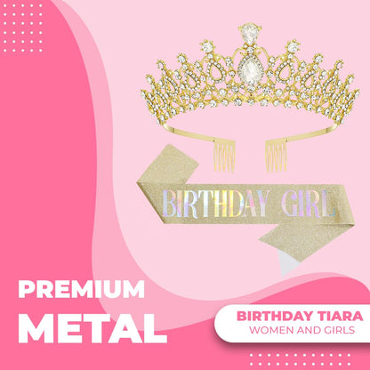 Birthday Tiara Crown with Sash for Women, Headband Hair Accessories for Wedding Party Costume