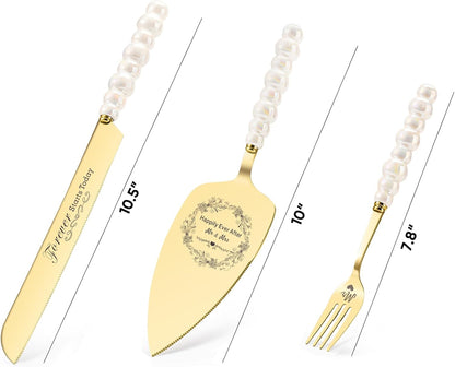 Wedding Cake Knife and Server Set, Gold Ceramic Pearl Handle Cake Cutting Set for Weddings, Engagements, Anniversaries, and Engagement Gifts for Couples