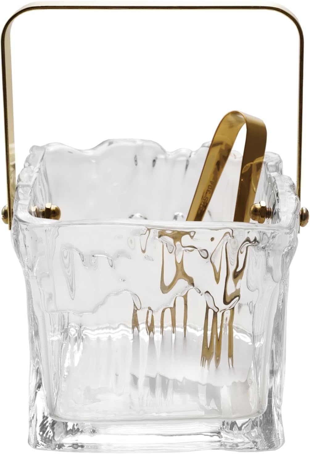 Creative Co-Op 24-Ounce Textured Glass Ice Bucket with Gold Finish Handle and Tongs, Clear/Gold