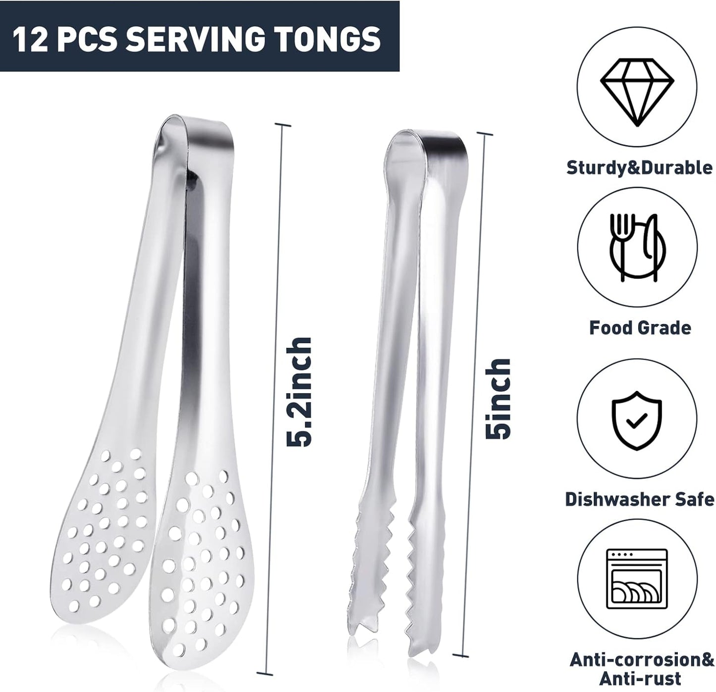 JCREN 12 Pcs Serving Tongs, Small Serving Utensils for Parties Catering Gold Tongs, Food-Grade 304 Stainless Steel Mini Appetizer Tongs for Tea Party Coffee Bar, 4 Inches - Gold