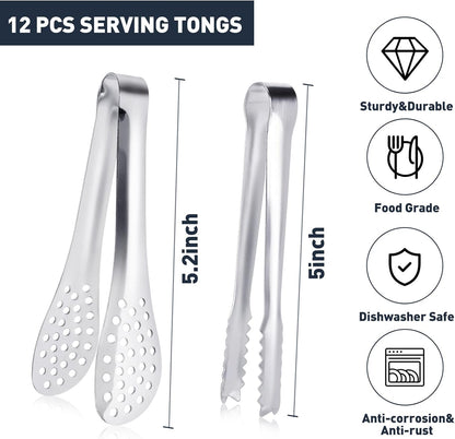 JCREN 12 Pcs Serving Tongs, Small Serving Utensils for Parties Catering Gold Tongs, Food-Grade 304 Stainless Steel Mini Appetizer Tongs for Tea Party Coffee Bar, 4 Inches - Gold