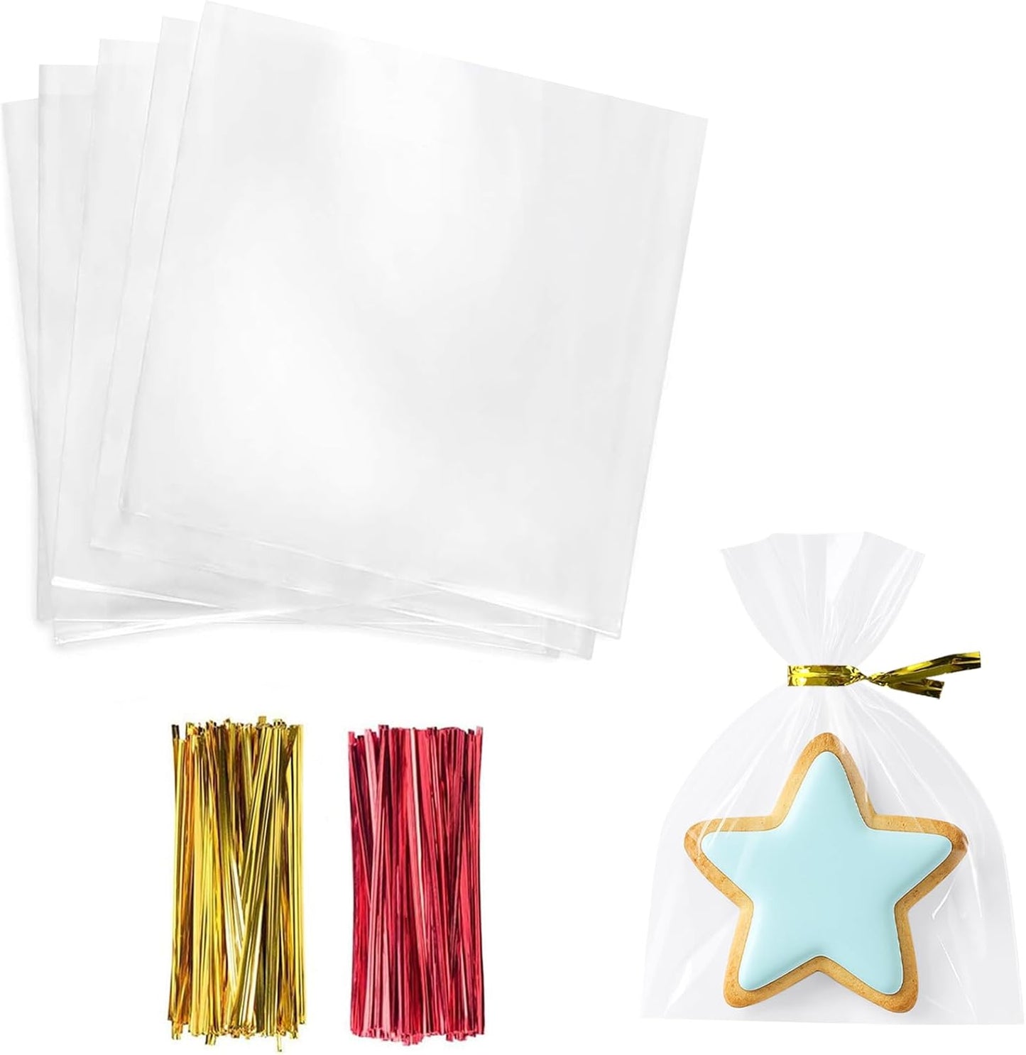 Cello Cellophane Treat Bags,5x7 Inches Clear Cellophane Bags 200 Pcs OPP Plastic Treat Bags with 200 Twist Ties for Gift Wrapping,Packaging Candies,Dessert,Bakery, Cookies, Chocolate,Party Favor
