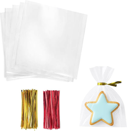 Cello Cellophane Treat Bags,5x7 Inches Clear Cellophane Bags 200 Pcs OPP Plastic Treat Bags with 200 Twist Ties for Gift Wrapping,Packaging Candies,Dessert,Bakery, Cookies, Chocolate,Party Favor