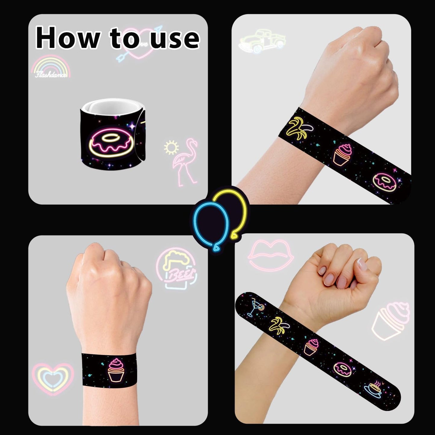 74 Neon Party Favors 50PCS Cool Neon Sign Vinyl Stickers 24PCS Glow Slap Bracelets Wristbands Neon Theme Birthday Party Decorations Glow in The Dark Party Supplies Favors