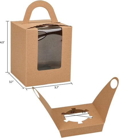 Jucoan 100 Pack Cupcake Box, Kraft Paper Individual Cupcake Container with Window and Handles, Bulk Single Cupcake Packaging Box for Muffin, Cocoa Bomb, Party Favor Pastry Treat Boxes