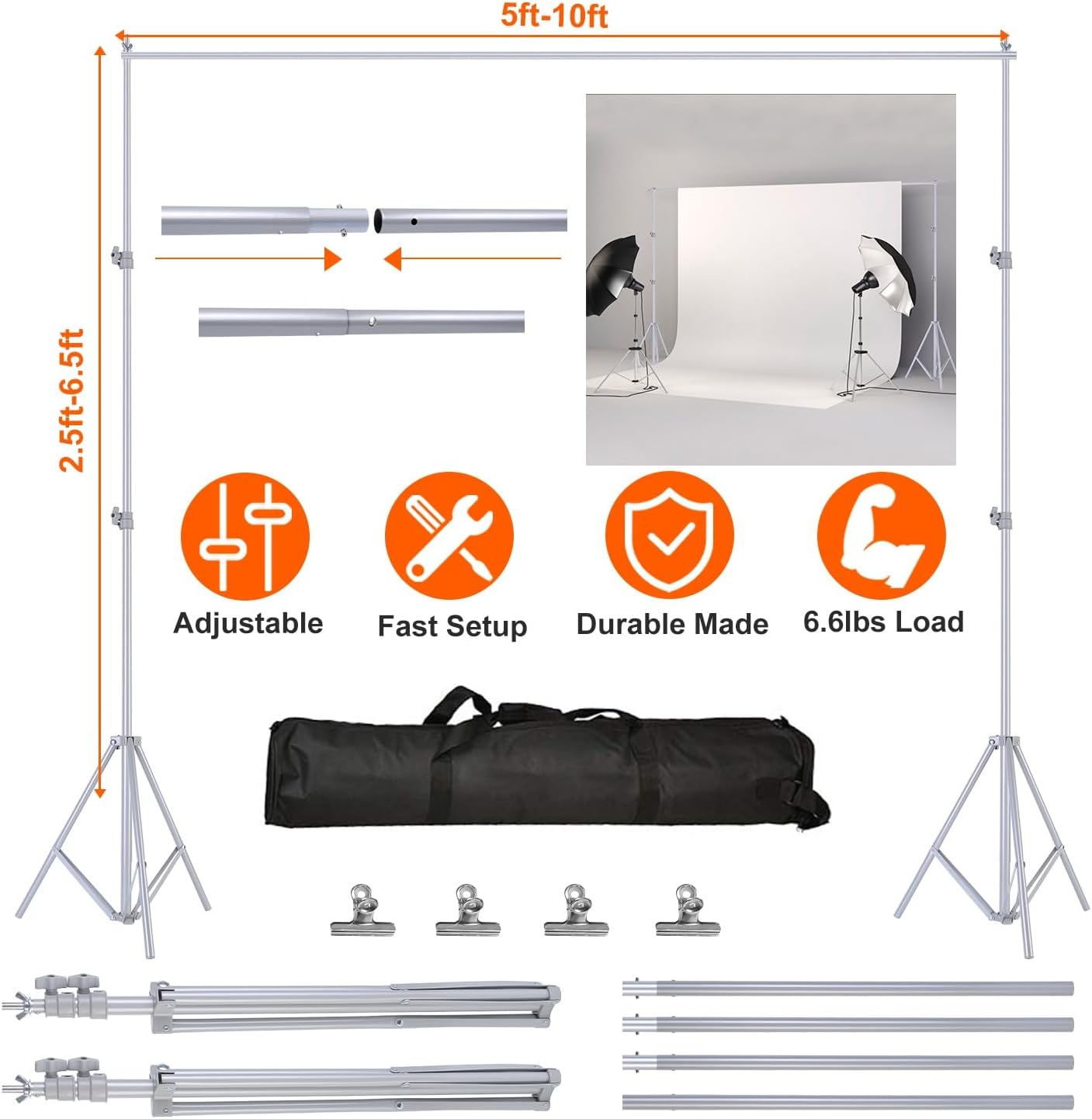 10ft Adjustable Backdrop Stand Kit, Heavy-Duty Photography Background Support System with Clamps & Carry Bag, Photo Video Studio Backdrop Stand for Parties, Weddings, Green Screen & Banner Display