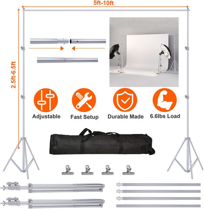 10ft Adjustable Backdrop Stand Kit, Heavy-Duty Photography Background Support System with Clamps & Carry Bag, Photo Video Studio Backdrop Stand for Parties, Weddings, Green Screen & Banner Display