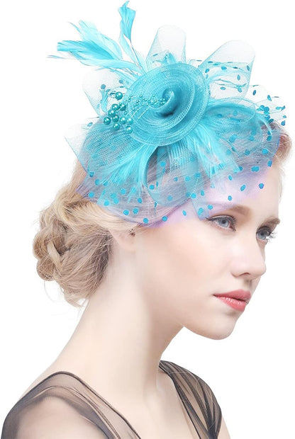 DRESHOW Fascinators Hat Flower Mesh Ribbons Feathers on a Headband and a Clip Tea Party Headwear for Girls and Women - Colors A