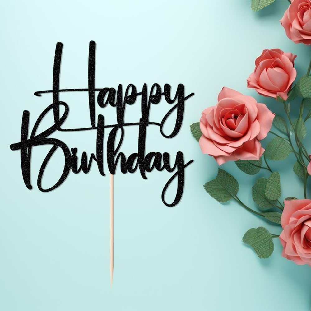 Happy Birthday Cake Topper,black Glitter Cake Pick Bunting Decor for Anniversary Birthday Party Cake Decorations Supplies