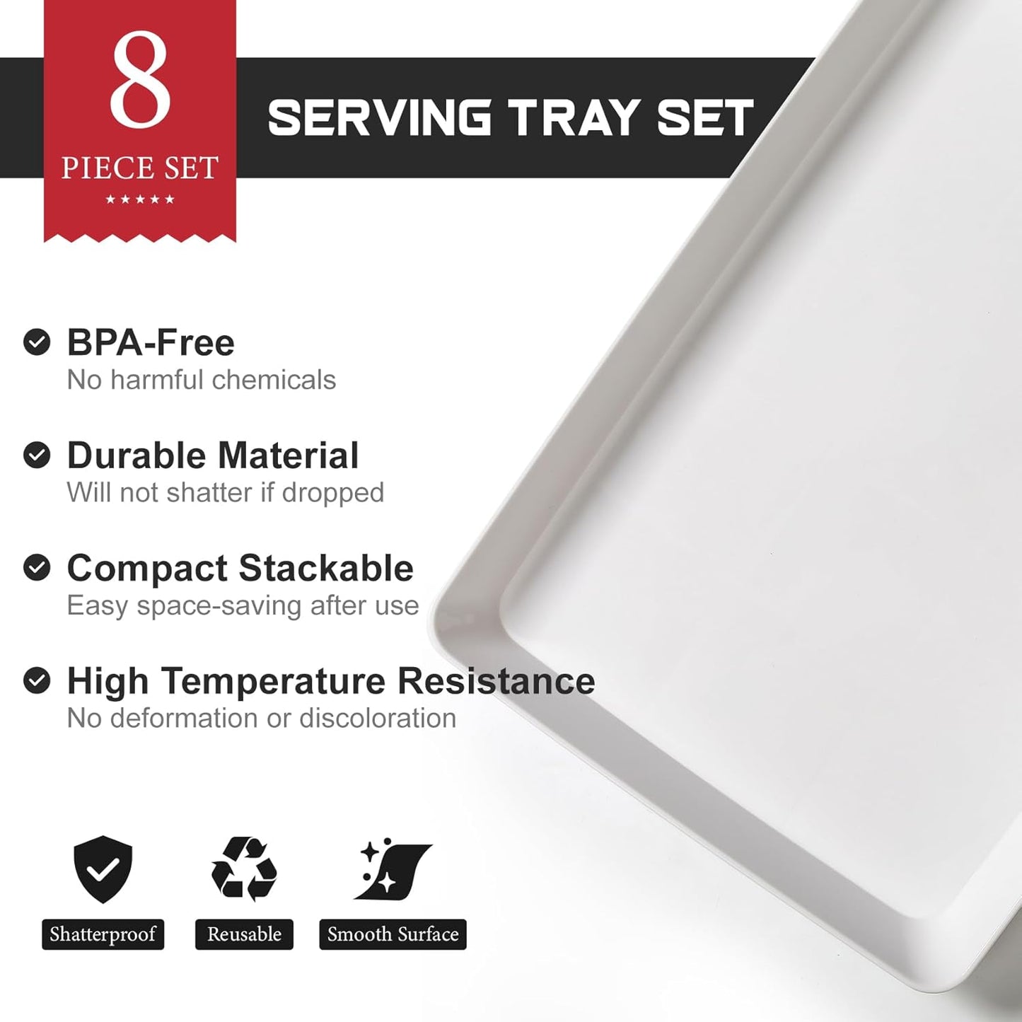 4-Pack Plastic 16" x 11" Large White Serving Trays Set - Reusable Serving Platters for Cookie, Appetizer, Charcuterie, Snack, Dessert, Party Food Display - Stackable Kitchen CounterTop Tray, BPA Free