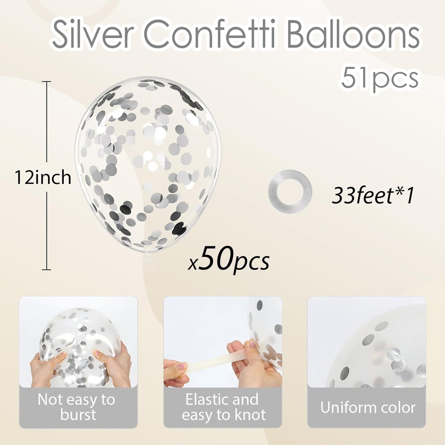 Silver Confetti Balloons 12 inch, Clear Latex Balloon 50pcs Party Balloons for Wedding Bridal Shower Engagement Graduation Birthday Party Decorations
