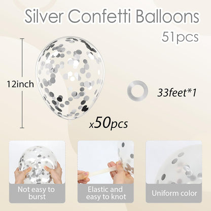 Silver Confetti Balloons 12 inch, Clear Latex Balloon 50pcs Party Balloons for Wedding Bridal Shower Engagement Graduation Birthday Party Decorations