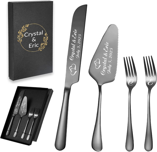 Personalized Wedding Cake Knife and Server Set, Wedding Gold Cake Cutting Set with Stainless Steel Forks, Customized Bridal Anniversary Birthday Wedding Registry Gifts for Couple (Non-customized)