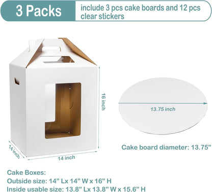 Wowxyz 3 Pack Tall Cake Boxes 14x14x16 Inches with Cake Board - Large Disposable Layer Baking Carrier Tier Bakery Take Out Transport Containers With Window for Wedding, Birthday, Party White