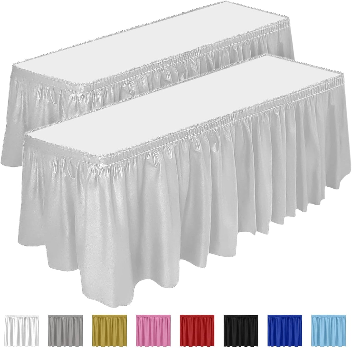 DecorRack 2 Pack Table Skirts, 29 in x 14 ft Each, Multi Pack -BPA Free- Plastic Tableskirt, Disposable, Reusable, Rectangular Tablecloth Skirt, White (2 Pack)