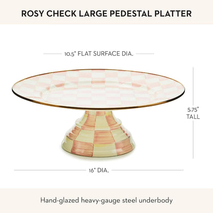 MACKENZIE-CHILDS Enamel Pedestal Platter, Round Cake Stand, Large, Black-and-White Courtly Check