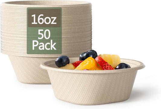 Homestockplus 48 Oz Disposable Bowls - Heavy Duty and Compostable Bowl - Made from Sugarcane and Bamboo Fibers, Microwave Safe - Large Paper Bowl for Soup, Salad, Ramen, Popcorn, etc. [50 Pack]