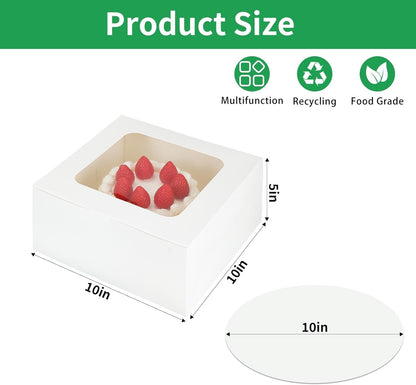 30 Pcs Cake Boxes 10 Inch with Window Clear Bakery Dessert Box Square White Large Disposable Pie Boxes Package for Bake Goods Paper Pastry Packaging Donut Delivery Box