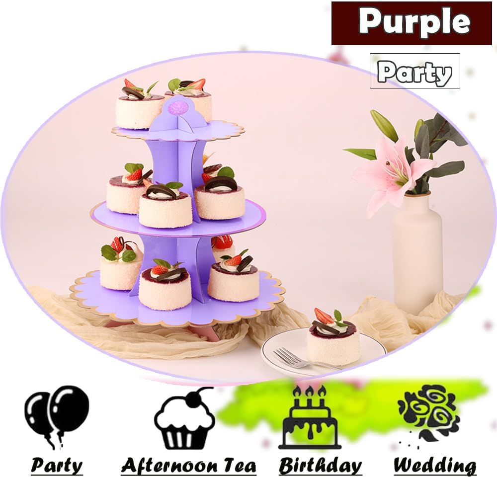 MRPAPA Pink Cardboard Cupcake Stand,2PCS Cup Cake Holder Thick Paper Dessert Tray, 3-Tier Round Serving Tray Perfect for Baby Girls Pink and Gold Birthday Baby Shower Party Supplies