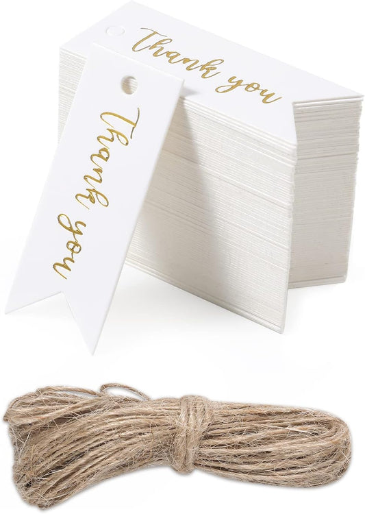 Savita 100pcs Mini Thank You Gift Tags with String, Exquisite Paper Gift Tags with Holes Hang Tags with String Attached for Craftwork Wedding Birthday Thanksgiving Anniversary (2''*0.75'')
