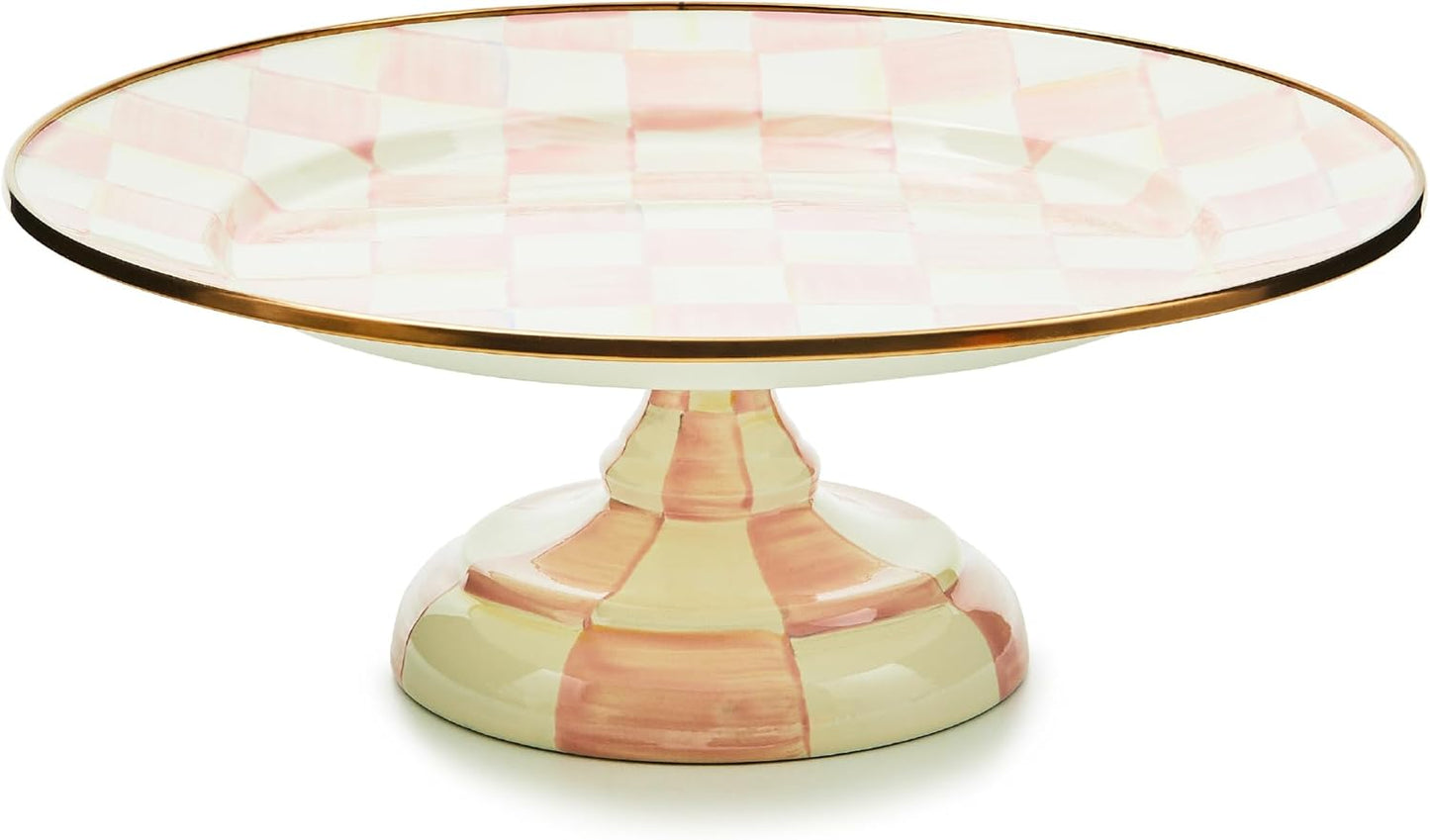 MACKENZIE-CHILDS Enamel Pedestal Platter, Round Cake Stand, Large, Black-and-White Courtly Check