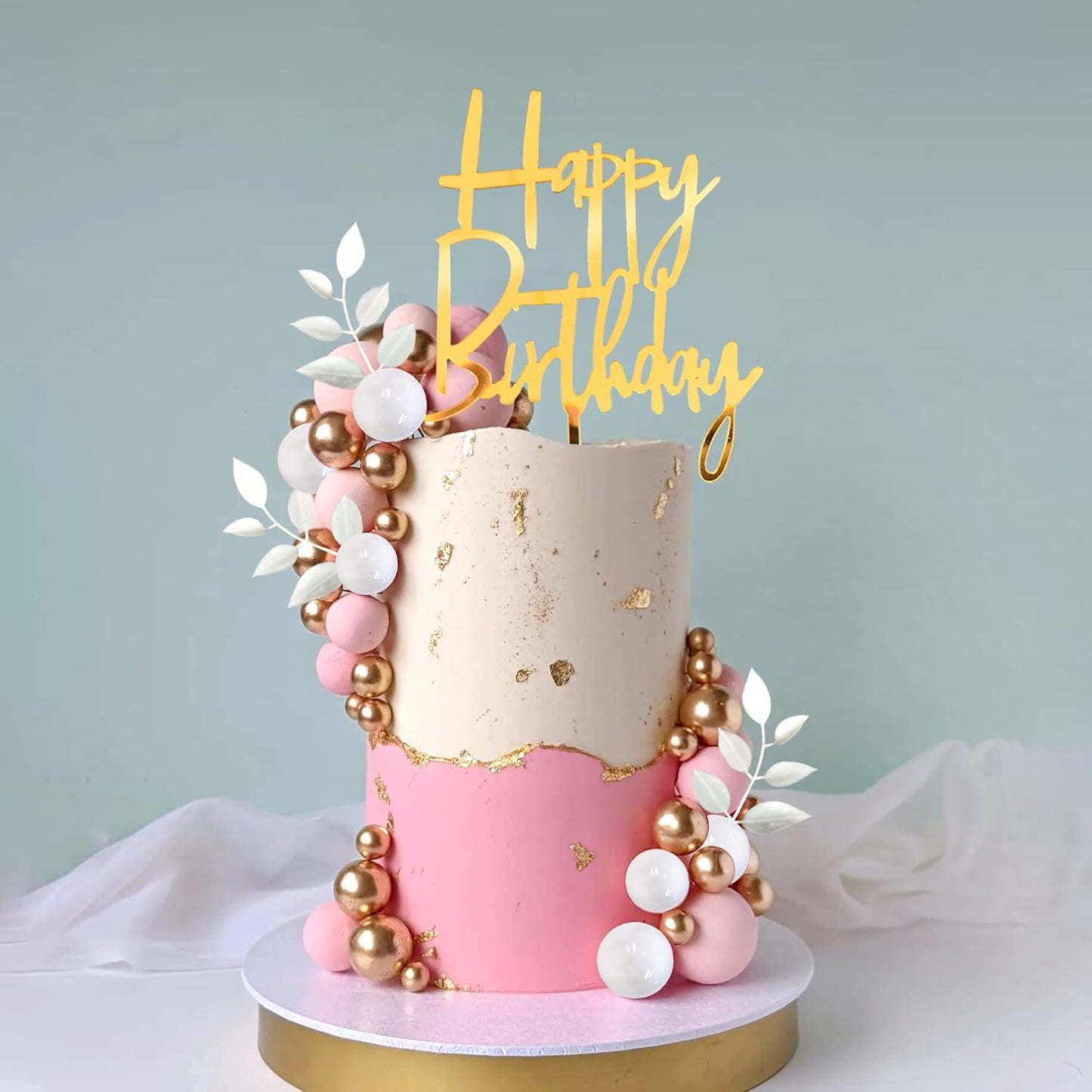 Khaki Balls Cake Topper Boho Grass Cake topper Khaki White Gold Pearl Balls Happy Birthday Cake Decorations for Wedding Birthday Boho Themed Supplies (Khaki)