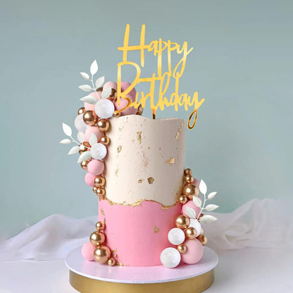 Khaki Balls Cake Topper Boho Grass Cake topper Khaki White Gold Pearl Balls Happy Birthday Cake Decorations for Wedding Birthday Boho Themed Supplies (Khaki)