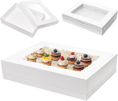 Mefleet 25pcs 14x10x6 Cake Boxes with Window Rectangle Quarter Sheet Bakery Boxes for Pastry Baking Cake, Cupcakes, Donuts, Cookies, Pie Treat Packaging White Large