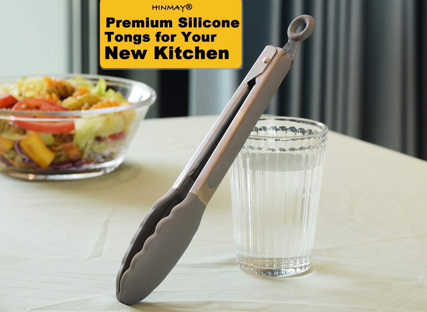 HINMAY Serving Tongs 9-Inch Cooking Tongs with Silicone Tips, Set of 3 (Black)