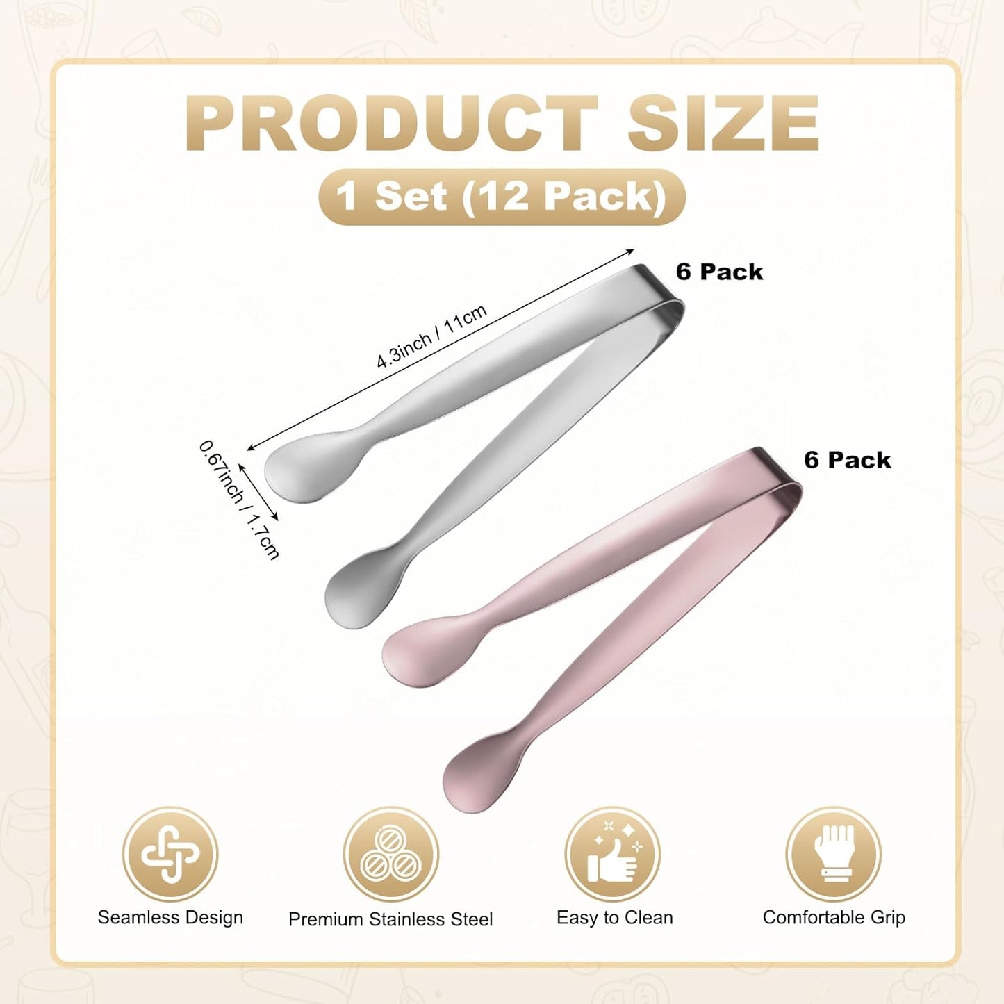 M METERXITY 12-Pack Mini Serving Tongs, 4.3 Inch 304 Stainless Steel Mini Sugar Cube Ice Tongs for Tea and Coffee Party/Outdoor Activities, Small U-shaped Metal Accessories [Colorful]