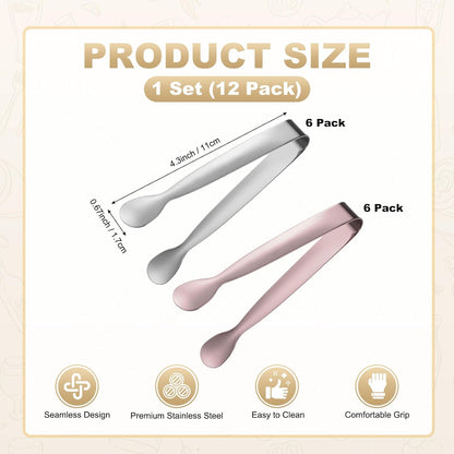 M METERXITY 12-Pack Mini Serving Tongs, 4.3 Inch 304 Stainless Steel Mini Sugar Cube Ice Tongs for Tea and Coffee Party/Outdoor Activities, Small U-shaped Metal Accessories [Colorful]