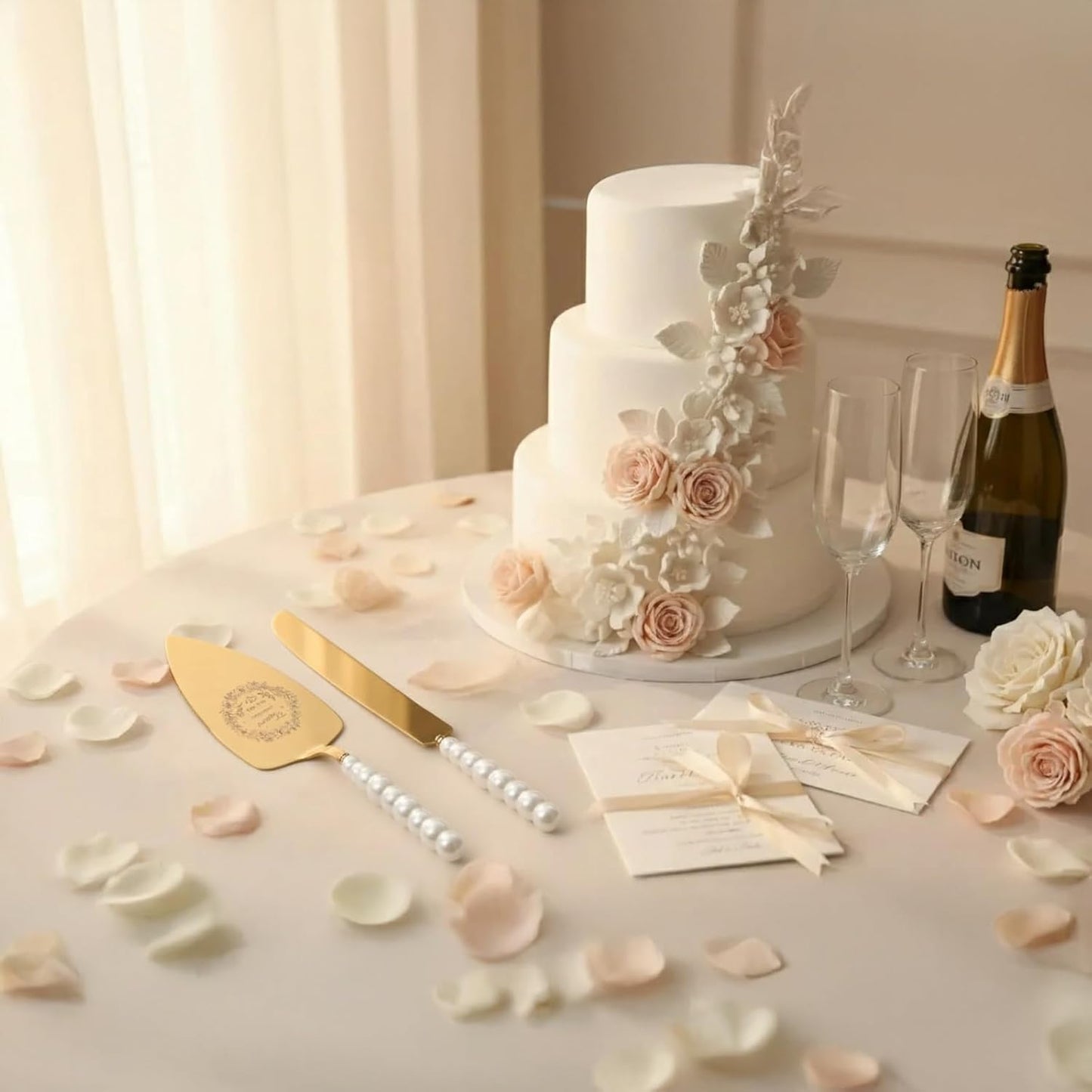 4 Piece Wedding Cake Cutting Set, Knife and Server with Forks, Elegant Wedding Cake Knife and Server Set for Bride and Groom(Gold)